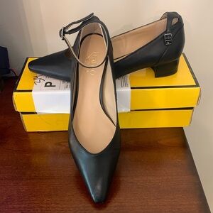 Franco Sarto pointed flats with ankle strap.